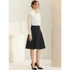 Allegra K Women's Belted Waist Casual Knee Length A-Line Pleated Skirt