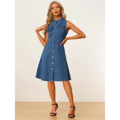 Allegra K Women's Sleeveless Button Down Distressed Midi Denim Shirt Dress 3 Allegra K Women's Sleeveless Button Down Distressed Midi Denim Shirt Dress - Image 3