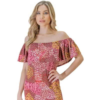 Womens Off Shoulder Neckline Side Slit Abstract Print Maxi Dress 4 Womens Off Shoulder Neckline Side Slit Abstract Print Maxi Dress - Image 4