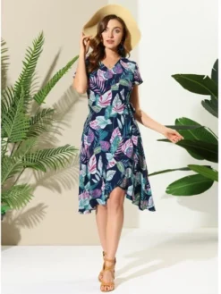 Allegra K Women's Tie Waist Beach Tropical Floral Printed Midi Wrap Dress -Agnes Orinda Shop GUEST 0f758404 5c0f 467e bc21 f6a8310f163e