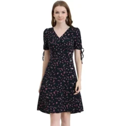 Allegra K Women's Ditsy Floral Tie Lace-up Short Sleeve A-line V-Neck Chiffon Dress -Agnes Orinda Shop GUEST 101c0fc9 6b73 4f53 9d80 c1eee258733b