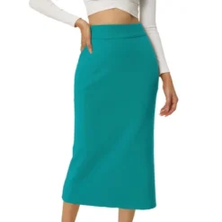 Seta T Women's Elastic High Waist Midi Basic Skirt Slit Hem Stretchy Ribbed Knit Bodycon Midi Skirts -Agnes Orinda Shop GUEST 10d2a507 4708 47dd bace d308187bb7b3