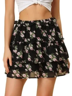 Allegra K Women's Layered Ruffle Hem Elastic Waist A-Line Skater Floral Mini Skirt -Agnes Orinda Shop GUEST 14f335fa 3e83 4ceb 9238 d0dbb2fd37fa