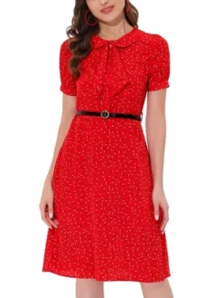 Allegra K Women's Peter Pan Collar Tie Neck Short Sleeves A-Line Elegant Belted Floral Dress -Agnes Orinda Shop GUEST 15e06e5e dab0 4ec3 9d14 92390e39caf2