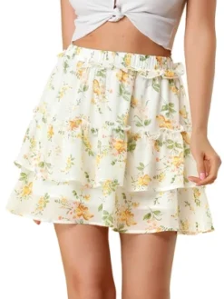Allegra K Women's Layered Ruffle Hem Elastic Waist A-Line Skater Floral Mini Skirt -Agnes Orinda Shop GUEST 1bf4c16d e110 47c6 af75 e554c13c4b16