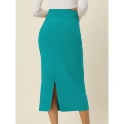 Seta T Women's Elastic High Waist Midi Basic Skirt Slit Hem Stretchy Ribbed Knit Bodycon Midi Skirts -Agnes Orinda Shop GUEST 208446bc bec3 4518 9f3f f701e02469f9