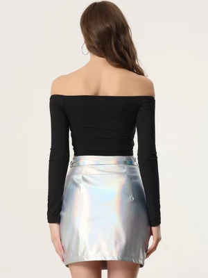 Allegra K Women's Metallic Bodycon Belted Short Shiny Skirt 2 Allegra K Women's Metallic Bodycon Belted Short Shiny Skirt - Image 2