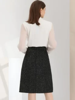 Allegra K Women's Plaid Tweed High Waist Button Decor Shiny Business Elegant Midi Skirt -Agnes Orinda Shop GUEST 2897f2c0 c984 4b96 9026 91ca0ea18aa0