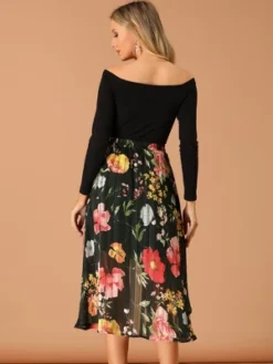 Allegra K Women's High Low Hem Elastic Waist Lurex Chiffon A-Line Midi Floral Skirt -Agnes Orinda Shop GUEST 2972ad89 dd0d 43fb ac92 e0733b808e7e