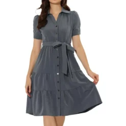 Allegra K Women's Summer V Neck Short Sleeve Button Down Tie Waist Chambray Shirt Dress -Agnes Orinda Shop GUEST 360fd04c f7a7 47d3 a5a1 84f335522d4c