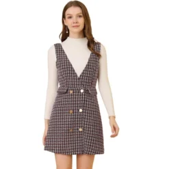 Allegra K Women's Elegant Vintage Button Front V Neck Plaid Tweed Overalls Pinafore Skirts -Agnes Orinda Shop GUEST 38a9aa82 72bf 49c2 8edc 439ffc58b95f