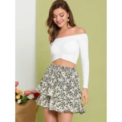 Allegra K Women's Layered Ruffle Hem Elastic Waist A-Line Skater Floral Mini Skirt