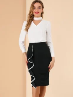 Allegra K Women's High Waist Ruffle Trim Split Work Office Pencil Skirts -Agnes Orinda Shop GUEST 3bc4aae9 b335 4b39 af20 8db81f962f18