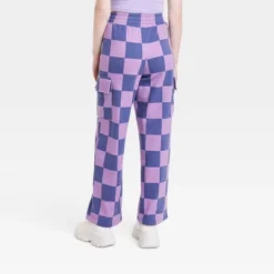 Women's Checkered Cargo Graphic Pants - Purple