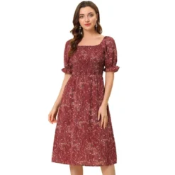 Allegra K Women's Square Neck Puff Sleeves Casual Midi Smocked Floral Dress -Agnes Orinda Shop GUEST 3cf4fb08 8d77 4cfb a316 081118a5cecb