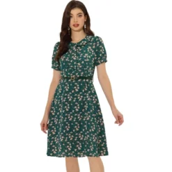 Allegra K Women's Peter Pan Collar Tie Neck Short Sleeves A-Line Elegant Belted Floral Dress -Agnes Orinda Shop GUEST 3e50d944 4cf9 441b af4d 4fafdf44d4ee