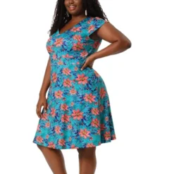 Agnes Orinda Women's Plus Size Deep V Neck Above Knee Cap Sleeve Floral Dress -Agnes Orinda Shop GUEST 4460106e b71a 4d87 8bf0 dbbe6a1c3c43