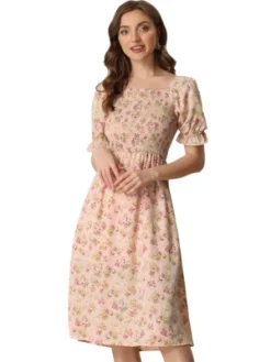 Allegra K Women's Square Neck Puff Sleeves Casual Midi Smocked Floral Dress -Agnes Orinda Shop GUEST 4b66817a 156e 4143 bdfc f6b5b777d08b