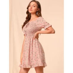 Allegra K Women's Square Neck Puff Sleeve Smocked Floral Ruffled Hem Dress -Agnes Orinda Shop GUEST 4bab4b37 e944 43f9 8fbf b6df7000f999