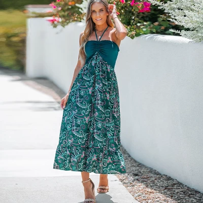 Women's Paisley Print Halter Ruched Maxi Dress - Cupshe 5 Women's Paisley Print Halter Ruched Maxi Dress - Cupshe - Image 5