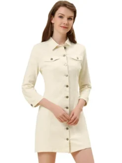 Allegra K Women's 3/4 Sleeve Button Down Denim Shirt Dress -Agnes Orinda Shop GUEST 50844cac 940f 492b a156 324eca6dab98