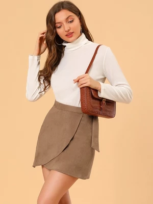 Allegra K Women's Faux Suede Tie Waisted A-Line Wrap Mini Short Skirt 3 Allegra K Women's Faux Suede Tie Waisted A-Line Wrap Mini Short Skirt - Image 3