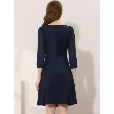 Allegra K Women's Square Neck Ruffle Trim Sheer 3/4 Sleeve Chiffon Mini Dress 3 Allegra K Women's Square Neck Ruffle Trim Sheer 3/4 Sleeve Chiffon Mini Dress - Image 3