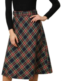Allegra K Women's Tartan Plaid High Waist Belted Vintage A-Line Midi Skirt -Agnes Orinda Shop GUEST 588a0698 2f0d 4318 abb4 0750b82eafb9