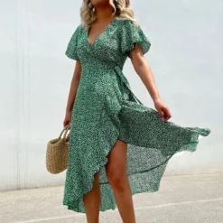 Women's Speckled Print Flared Sleeve V Neck Maxi Dress - Cupshe - Green