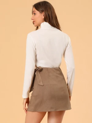 Allegra K Women's Faux Suede Tie Waisted A-Line Wrap Mini Short Skirt 4 Allegra K Women's Faux Suede Tie Waisted A-Line Wrap Mini Short Skirt - Image 4