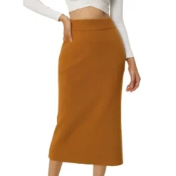 Seta T Women's Elastic High Waist Midi Basic Skirt Slit Hem Stretchy Ribbed Knit Bodycon Midi Skirts -Agnes Orinda Shop GUEST 62b678bf dd70 4418 a910 a62ea4bf53fc