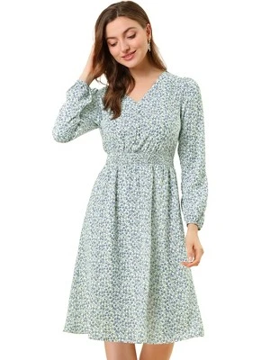 Allegra K Women's Floral Print V-Neck Dress Smocked Waist Midi Dress 12 Allegra K Women's Floral Print V-Neck Dress Smocked Waist Midi Dress - Image 12