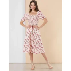 Allegra K Women's Square Neck Puff Sleeves Casual Midi Smocked Floral Dress