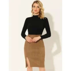Allegra K Women's Faux Suede High Waist Belted Knee Length Slit Pencil Skirt