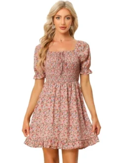Allegra K Women's Square Neck Puff Sleeve Smocked Floral Ruffled Hem Dress -Agnes Orinda Shop GUEST 6576dea4 7013 4a43 a1f4 35c0929d6fce