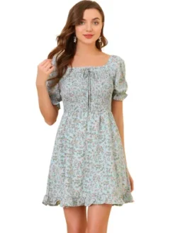 Allegra K Women's Square Neck Puff Sleeve Smocked Floral Ruffled Hem Dress -Agnes Orinda Shop GUEST 6a396418 cb57 4478 830c 10d4617afe92