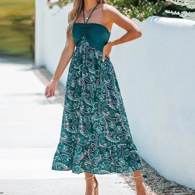 Women's Paisley Print Halter Ruched Maxi Dress - Cupshe 1 Women's Paisley Print Halter Ruched Maxi Dress - Cupshe