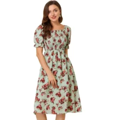 Allegra K Women's Square Neck Puff Sleeves Casual Midi Smocked Floral Dress -Agnes Orinda Shop GUEST 6cbb5149 c06d 4a82 80ae aa2816b7d3b4