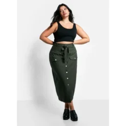 Rebdolls Women's Sierra Tie Belt Button Front Cargo Maxi Shift Skirt