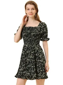 Allegra K Women's Square Neck Puff Sleeve Smocked Floral Ruffled Hem Dress -Agnes Orinda Shop GUEST 758c98a3 725b 44e4 b3f8 4bbb41713772