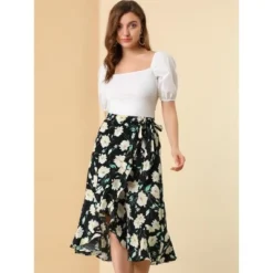 Allegra K Women's Floral Asymmetrical Ruffle Tie Waist Midi Wrap Skirts -Agnes Orinda Shop GUEST 75d4bbf0 c9f9 4af5 b8a2 d063985a5874