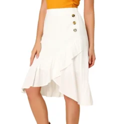 Allegra K Women's Button Decor High Waist Solid Color Asymmetrical Ruffle Skirt -Agnes Orinda Shop GUEST 7773beee 49bc 4a3d af01 b46d88898e20