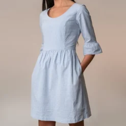 Hope & Henry Womens' Organic Cotton Ruffle Cuff Seersucker Dress