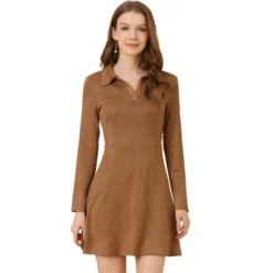 Allegra K Women's Faux Suede Lapel Neck Long Sleeve Elegant A-Line Mini Dress -Agnes Orinda Shop GUEST 7eb229f5 3f53 4ed0 afe5 c3f82d5264f5