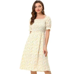 Allegra K Women's Square Neck Puff Sleeves Casual Midi Smocked Floral Dress -Agnes Orinda Shop GUEST 880f6d1c 164c 443f b03c 04a6ed095a5a