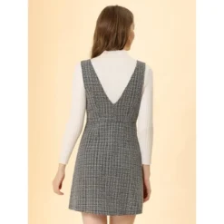 Allegra K Women's Elegant Vintage Button Front V Neck Plaid Tweed Overalls Pinafore Skirts -Agnes Orinda Shop GUEST 891373a2 564c 4339 a864 06864bd6d9f7