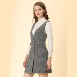 Allegra K Women's Elegant Vintage Button Front V Neck Plaid Tweed Overalls Pinafore Skirts -Agnes Orinda Shop GUEST 89f2002d bc09 46a3 b55e ed2abd4ff9a7