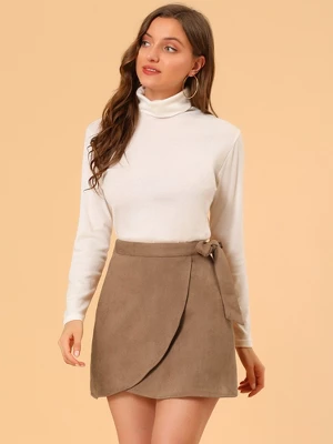 Allegra K Women's Faux Suede Tie Waisted A-Line Wrap Mini Short Skirt 2 Allegra K Women's Faux Suede Tie Waisted A-Line Wrap Mini Short Skirt - Image 2