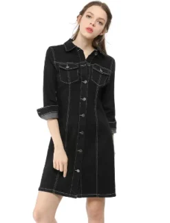 Allegra K Women's 3/4 Sleeve Button Down Denim Shirt Dress -Agnes Orinda Shop GUEST 90e65d37 5480 4045 a769 a415756ba933
