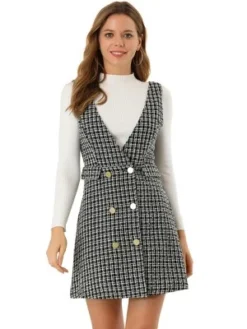 Allegra K Women's Elegant Vintage Button Front V Neck Plaid Tweed Overalls Pinafore Skirts -Agnes Orinda Shop GUEST 9171686f 57ee 4b56 8aae c423820a381b
